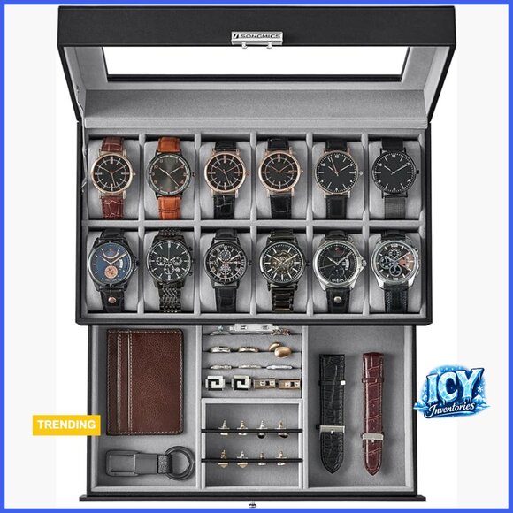 Watch Box Organizer with Glass Lid, 12 Slots, Removable Pillows, Metal Lock main image 7